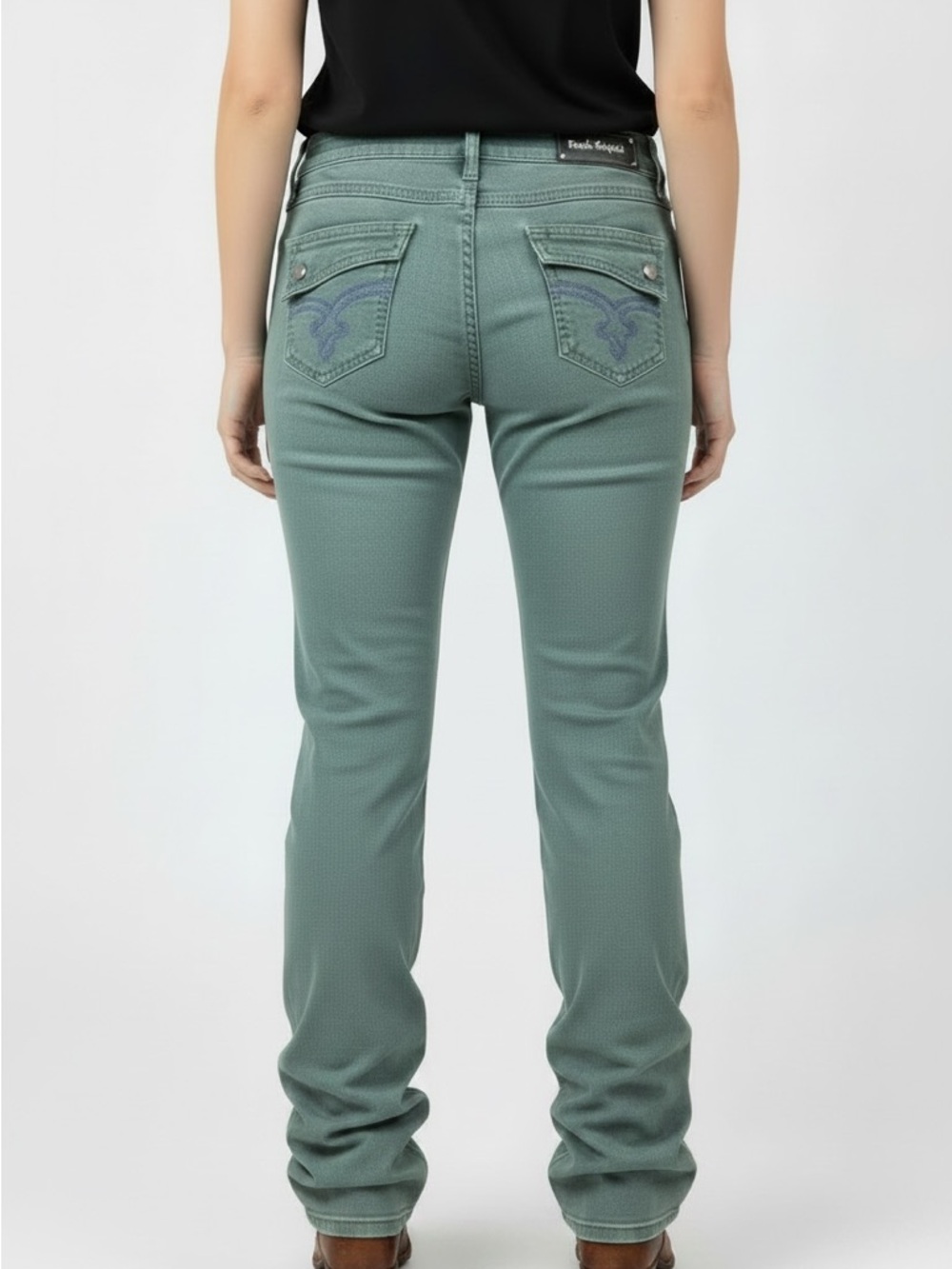 Y2K Rock Revival Johanna Boot Jeans Women’s 31 x 35 Teal Green Long Inseam| RARE